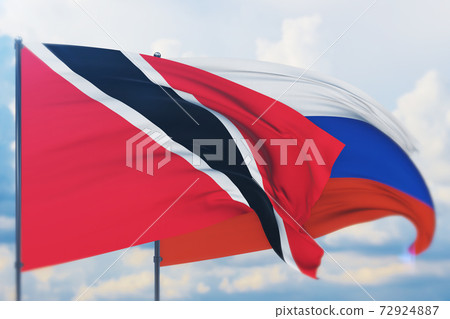 Waving Russian flag and flag of Trinidad And Tobago. Closeup view, 3D illustration. Waving Russian flag and flag of Trinidad And Tobago. Closeup view, 3D illustration. 72924887