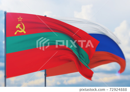 Waving Russian flag and flag of Transnistria. Closeup view, 3D illustration. Waving Russian flag and flag of Transnistria. Closeup view, 3D illustration. 72924888