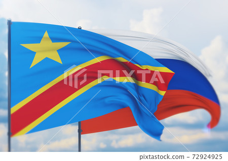 Waving Russian flag and flag of Democratic Republic of the Congo. Closeup view, 3D illustration. Waving Russian flag and flag of Democratic Republic of the Congo. Closeup view, 3D illustration. 72924925