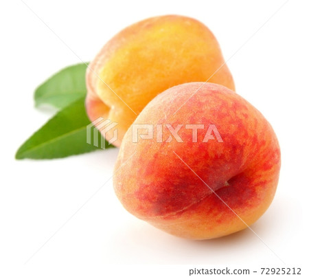 Peaches with leaves on white backgrounds. Peaches with leaves on white backgrounds. 72925212