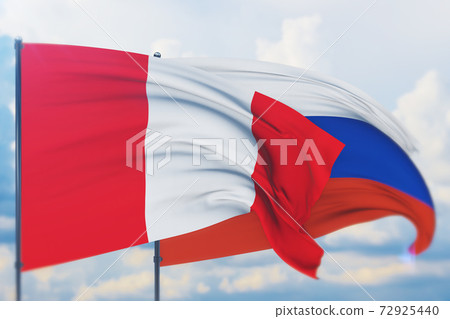 Waving Russian flag and flag of Peru. Closeup view, 3D illustration. Waving Russian flag and flag of Peru. Closeup view, 3D illustration. 72925440