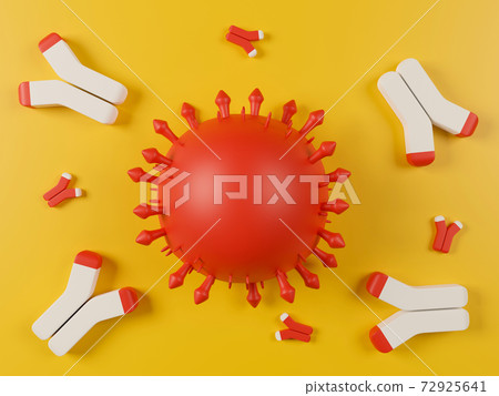 3d rendering red coronavirus with antibody on yellow background. 3d rendering red coronavirus with antibody on yellow background. 72925641