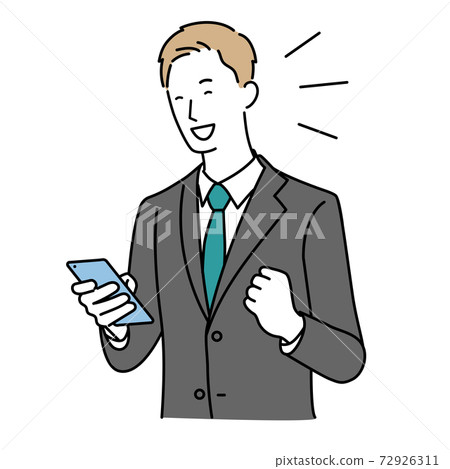 A man in a suit who is pleased to see his smartphone 72926311