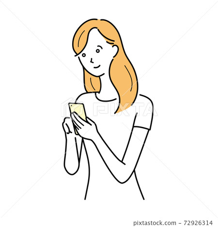 A woman in everyday wear who operates a smartphone 72926314