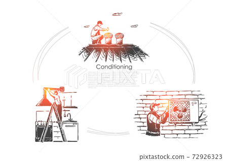 Climate control appliance, repairman fixing conditioner, cooling equipment banner template 72926323