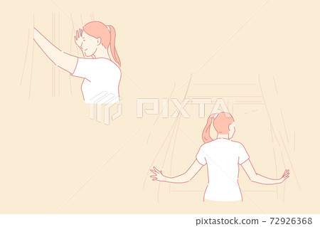 Opening curtains, view from window, morning, daylight, day beginning concep 72926368