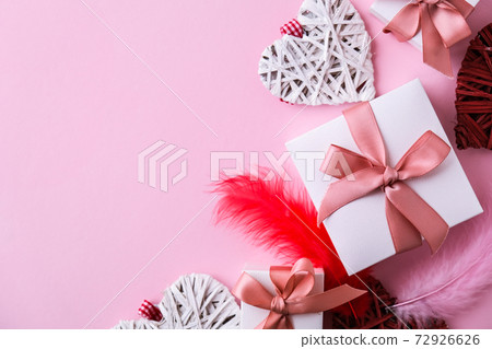 Happy valentine's day greeting card. Gift boxes and hearts. Copy space. Top view. Flat lay Happy valentine's day greeting card. Gift boxes and hearts. Copy space. Top view. Flat lay 72926626