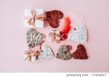 Happy valentine's day greeting card. Gift boxes and hearts. Copy space. Top view. Flat lay. Knolling concept Happy valentine's day greeting card. Gift boxes and hearts. Copy space. Top view. Flat lay. Knolling concept 72926627