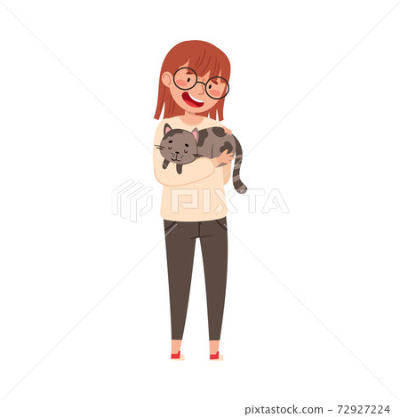 Young Girl Embracing Her Cat Pet and Stroking It Vector Illustration Young Girl Embracing Her Cat Pet and Stroking It Vector Illustration 72927224