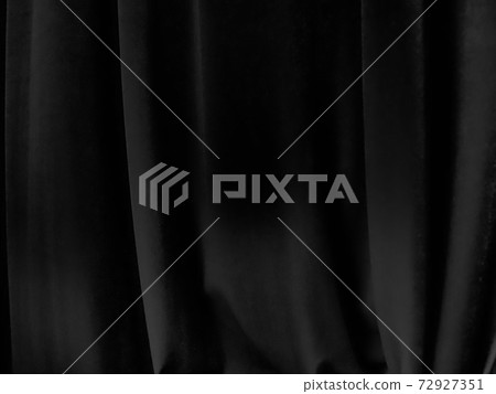 Soft waves on black velvet curtains. Stylized defocused image. Dark draperies made of pleasant fabric. Pleats on the curtains. Abstract black and gray background. 72927351