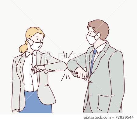 Elbow bump new normal greeting to avoid the spread of Corona virus instead of greeting with hug or handshake. Hand drawn in thin line style, vector illustrations. 72929544