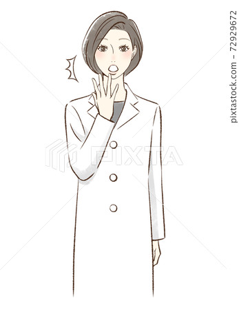 A woman in a front-facing lab coat with a surprised face A woman in a front-facing lab coat with a surprised face 72929672
