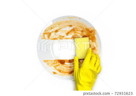hands in rubber yellow gloves for protection washing dirty plate with foam sponge isolated on white background top view, Healthy and cleaning business concept 72931623