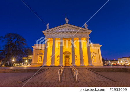 Cathedral with Bell Tower and Gediminas statue Square in Vilnius at night, Lithuania Cathedral with Bell Tower and Gediminas statue Square in Vilnius at night, Lithuania 72933099
