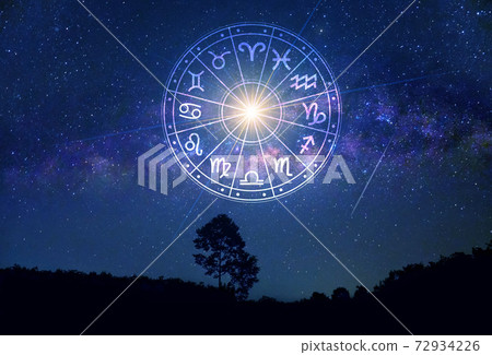 Zodiac signs inside of horoscope circle. Astrology in the sky with many stars and moons  astrology and horoscopes concept 72934226