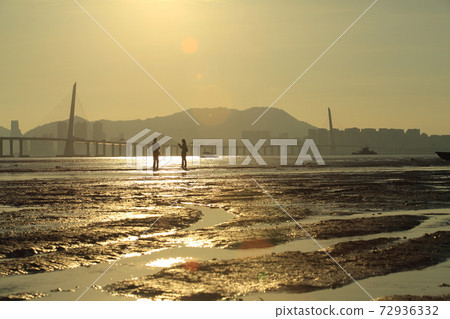 Silhouette of Ha Pak Nai wetland low tidal wave, the oyster field scenes in hong kong, scenes from hongkong to shenzhen coast at Ha Pak Nai, Yuen Long 72936332