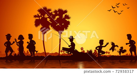 Country life drum dance,fishing and cock fight gambling 72938317