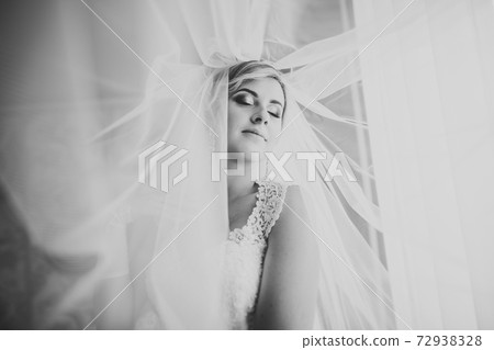 Gorgeous bride in robe posing and preparing for the wedding ceremony face in a room 72938328