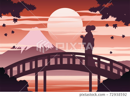 japan woman in kimono dress stand on bridge near Fuji mount on sunset time while maple fall,silhouette light and shadow design,vintage color 72938592