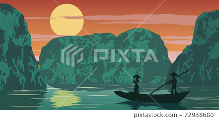 woman stand in boat to go to come home by pass Ha long bay famous landmark of Vietnam ,vintage color woman stand in boat to go to come home by pass Ha long bay famous landmark of Vietnam ,vintage color 72938680