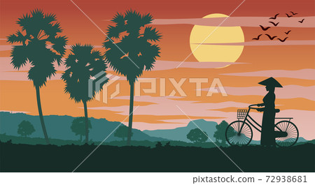 Vietnamese woman hold bicycle walk pass rice field and palm tree on sunset time Vietnamese woman hold bicycle walk pass rice field and palm tree on sunset time 72938681