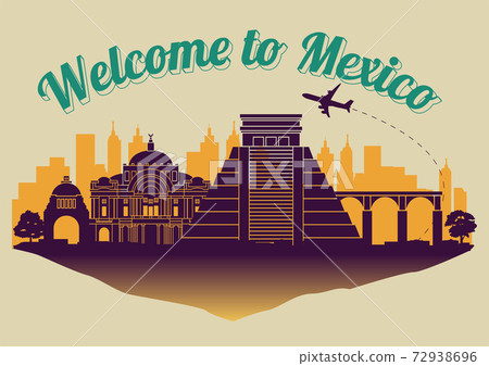 Mexico famous landmark silhouette style on float island,travel and tourism, Mexico famous landmark silhouette style on float island,travel and tourism, 72938696