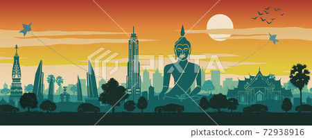 Thailand famous landmark in scenery design,travel destination,silhouette design, sunset time in red and green color 72938916