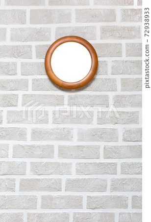 Wood round frame on grey brick wall background. Wood round frame on grey brick wall background. 72938933