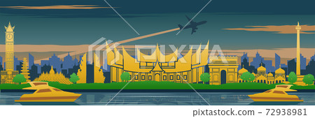 Indonesia famous landmark in back of river and yacht in scenery design,travel destination,silhouette design, yellow blue and green color Indonesia famous landmark in back of river and yacht in scenery design,travel destination,silhouette design, yellow blue and green color 72938981