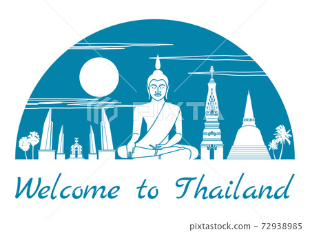 Thailand famous landmark silhouette style inside by blue color half circle shape, text within, Thailand famous landmark silhouette style inside by blue color half circle shape, text within, 72938985