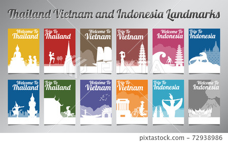 Thailand Vietnam and Indonesia famous landmark and symbol in silhouette design with multi color style brochure set Thailand Vietnam and Indonesia famous landmark and symbol in silhouette design with multi color style brochure set 72938986