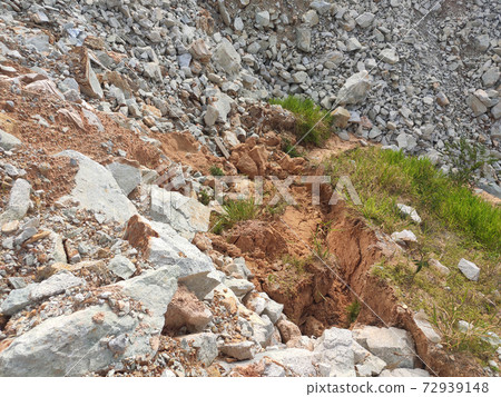 Landslide because of heavy rain. The landslides destroy the underground utility pipes and some man build structures. Landslide because of heavy rain. The landslides destroy the underground utility pipes and some man build structures. 72939148