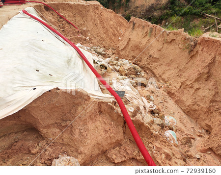Landslide because of heavy rain. The landslides destroy the underground utility pipes and some man build structures. Landslide because of heavy rain. The landslides destroy the underground utility pipes and some man build structures. 72939160