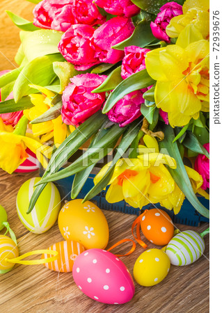 spring flowers with easter eggs spring flowers with easter eggs 72939676