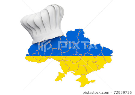 Ukrainian national cuisine concept. Chef hat with map of Ukraine. 3D rendering Ukrainian national cuisine concept. Chef hat with map of Ukraine. 3D rendering 72939736
