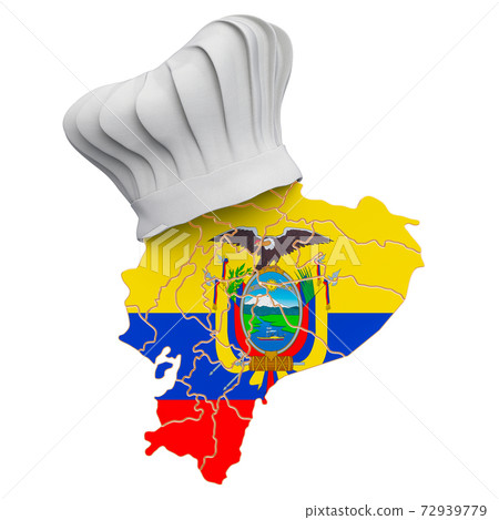 Ecuadorian national cuisine concept. Chef hat with map of Ecuador. 3D rendering Ecuadorian national cuisine concept. Chef hat with map of Ecuador. 3D rendering 72939779
