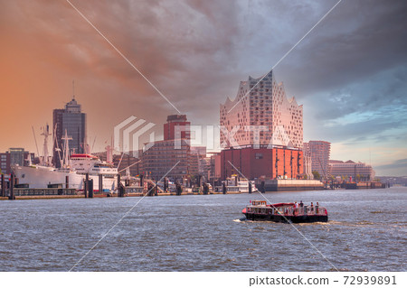 Hamburg, Germany harbor district sunset view 72939891