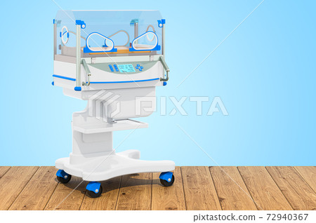 Neonatal incubator on the wooden planks, 3D rendering 72940367