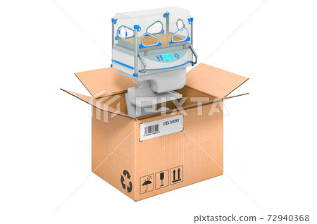 Neonatal incubator inside cardboard box, delivery concept. 3D rendering 72940368