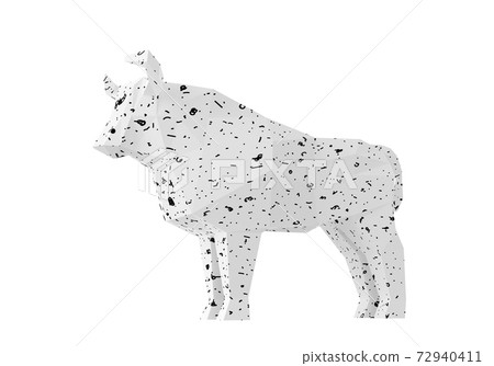 Statuette of a simplified polygonal White Paper Bull with spots, folded paper animal figurine, a symbol of the new year 2021, 3d render 72940411