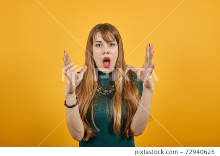Wide open arms, incredulity, doubt beautiful woman. Is surprised spread palms 72940626