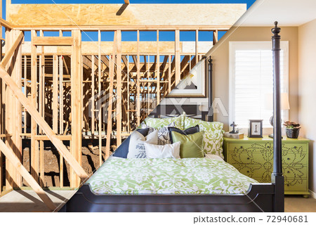 Split Screen of Cosntruction Framing and Finished Bedroom Split Screen of Cosntruction Framing and Finished Bedroom 72940681
