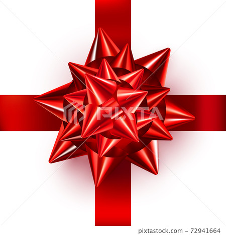 Red bow ribbon isolated on white background. Realistic shiny bow for card, gift box, greeting card, wrapping present. Festive decorative element for design. Vector illustration 72941664