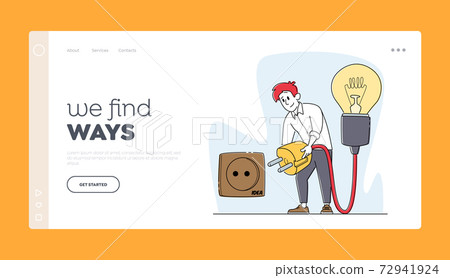 Man Work on Project Searching for Creative Idea Landing Page Template. Business Male Character Switch on Plug to Socket 72941924