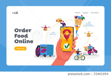 Characters Use Online Food Delivery Service Landing Page Template. Hand with Smartphone and App for Delivering Parcels 72941954