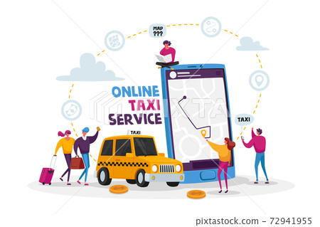 Characters Order Taxi Car Using Application and Catching on Street.Taxi Service. Driver in Yellow Cab Waiting Passengers Characters Order Taxi Car Using Application and Catching on Street.Taxi Service. Driver in Yellow Cab Waiting Passengers 72941955