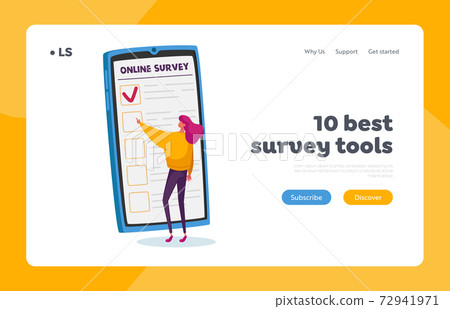 Voters Questionnaire, Customers Feedback Landing Page Template. Tiny Female Character Filling Online Survey Form 72941971