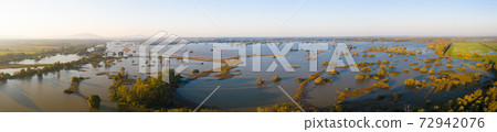 Panoramic scenery with flooded meadows and forest in riparian zone 72942076