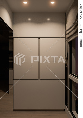 3d render of a kitchen cabinet for making coffee, night interior background. Modern interior design 72942167