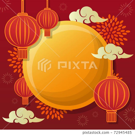 Greeting card for Chinese New Year or Lantern Festival with background pattern, flat style design, decorative elements paper cut and embossed, jubilant red 72945485